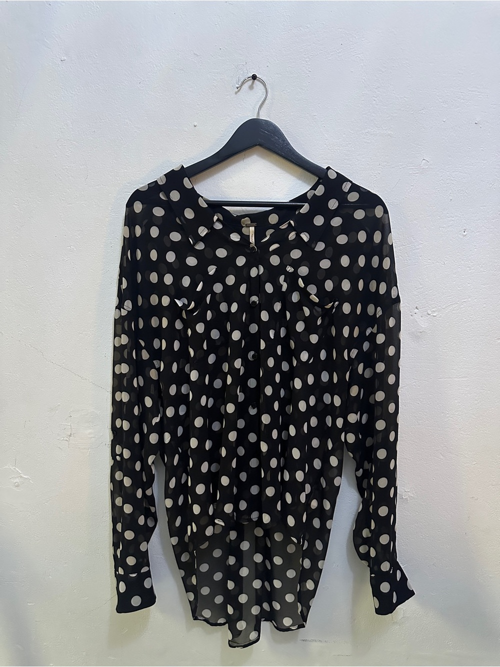 Free People Blouse L Black Polka Dot Sheer Ruffle Button Front